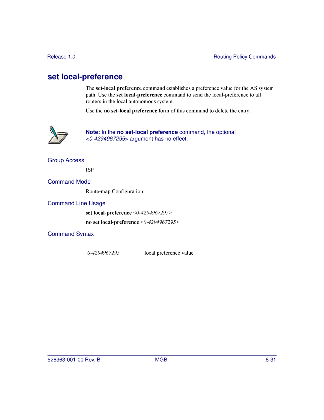 Motorola BSR 2000 manual Set local-preference 0-4294967295no set local-preference 