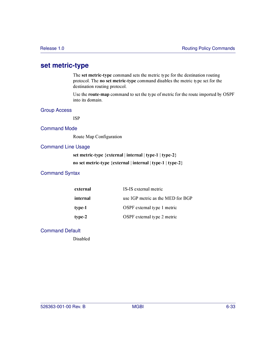 Motorola BSR 2000 manual Set metric-type, External IS-IS external metric Internal 