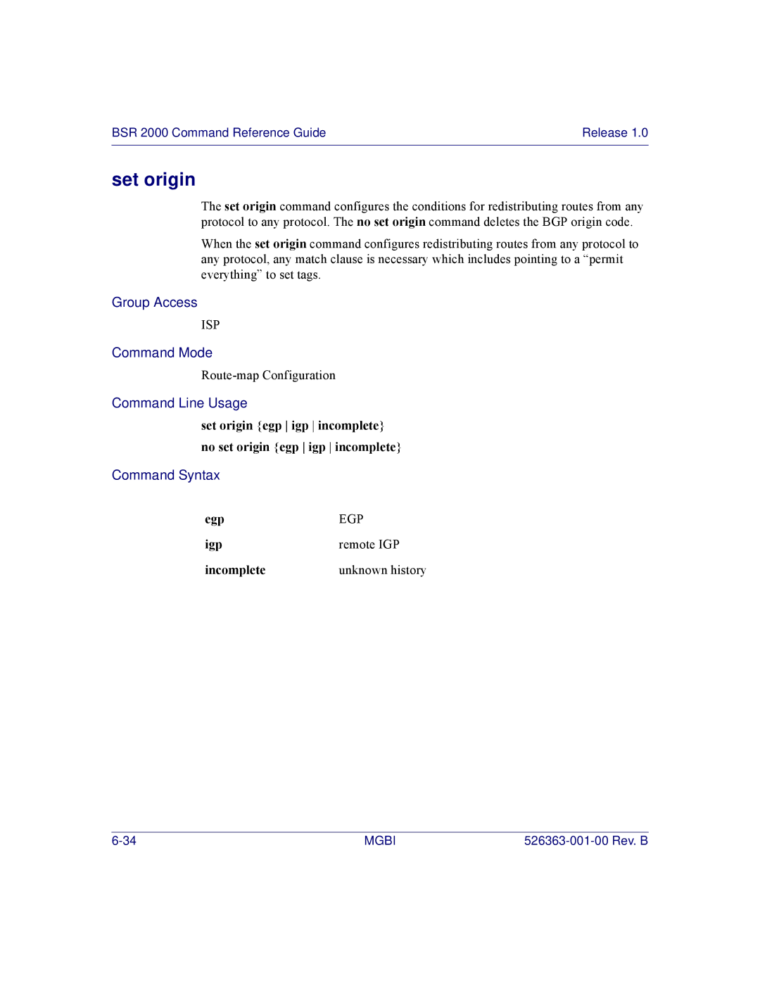 Motorola BSR 2000 manual Set origin, Igp Remote IGP Incomplete 