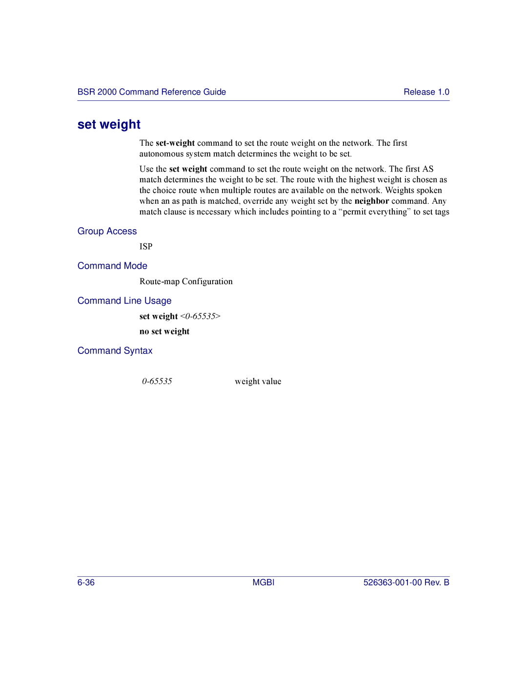 Motorola BSR 2000 manual Set weight 0-65535no set weight 