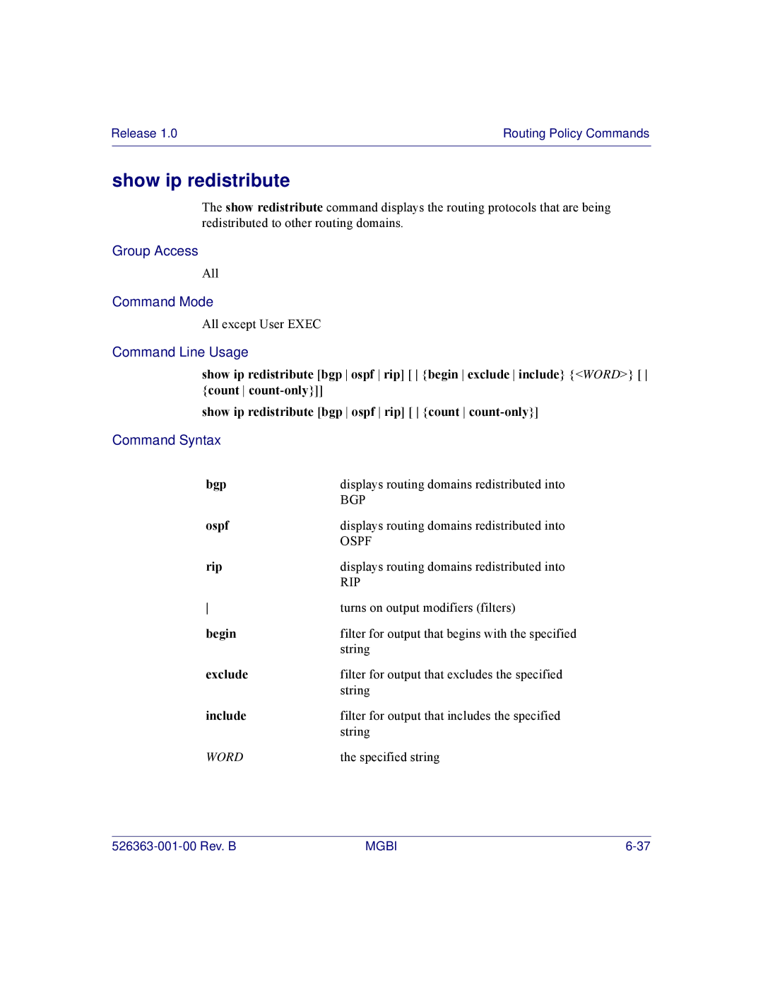 Motorola BSR 2000 manual Show ip redistribute, Bgp 