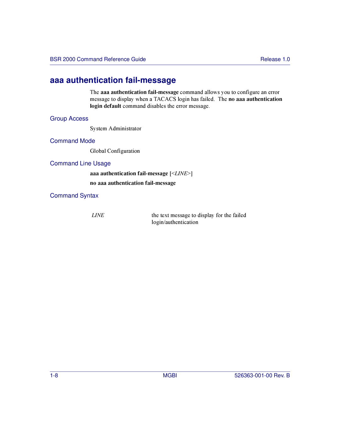 Motorola BSR 2000 manual Aaa authentication fail-message, Line 