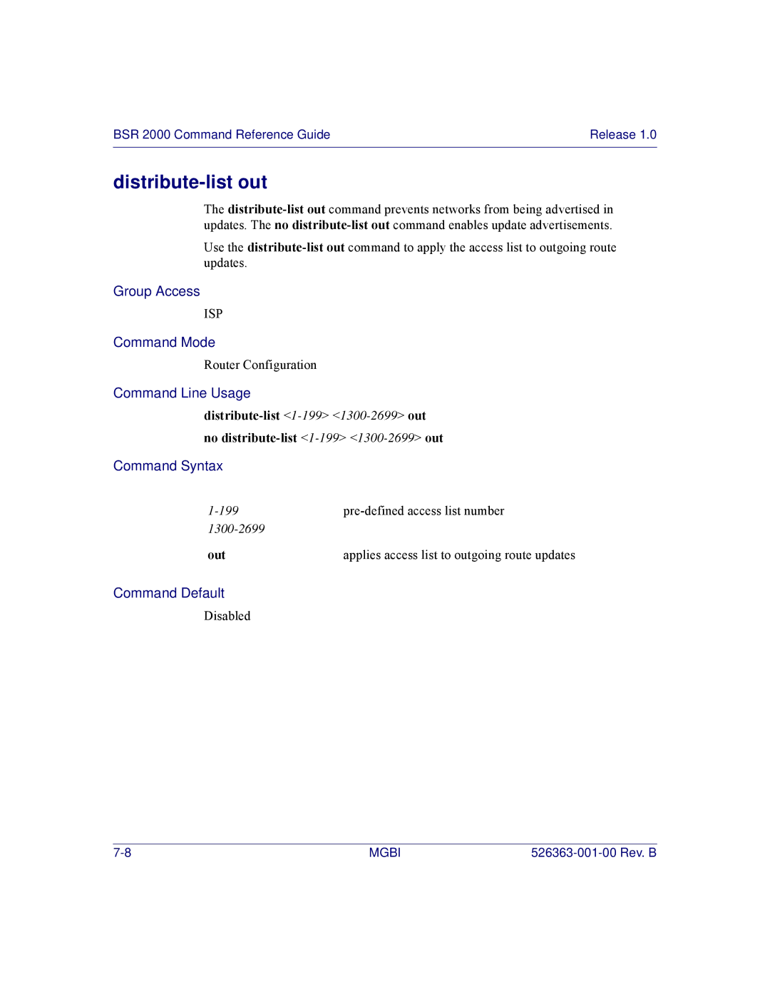 Motorola BSR 2000 manual Distribute-list out, Out 