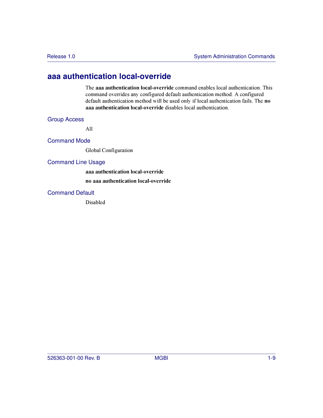 Motorola BSR 2000 manual Aaa authentication local-override 