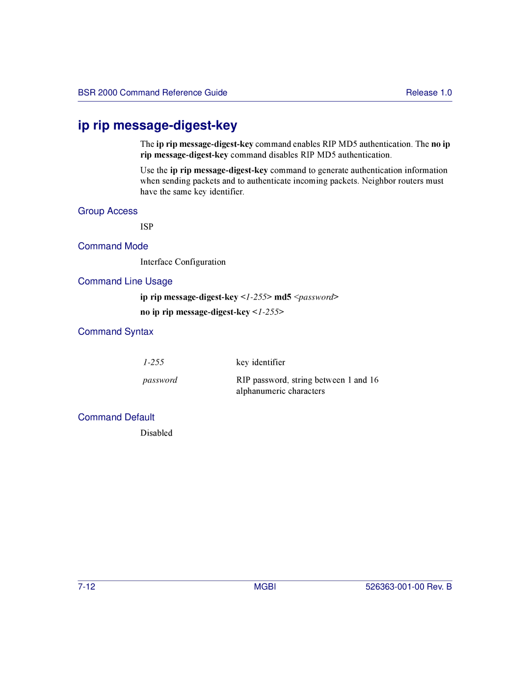 Motorola BSR 2000 manual Ip rip message-digest-key 