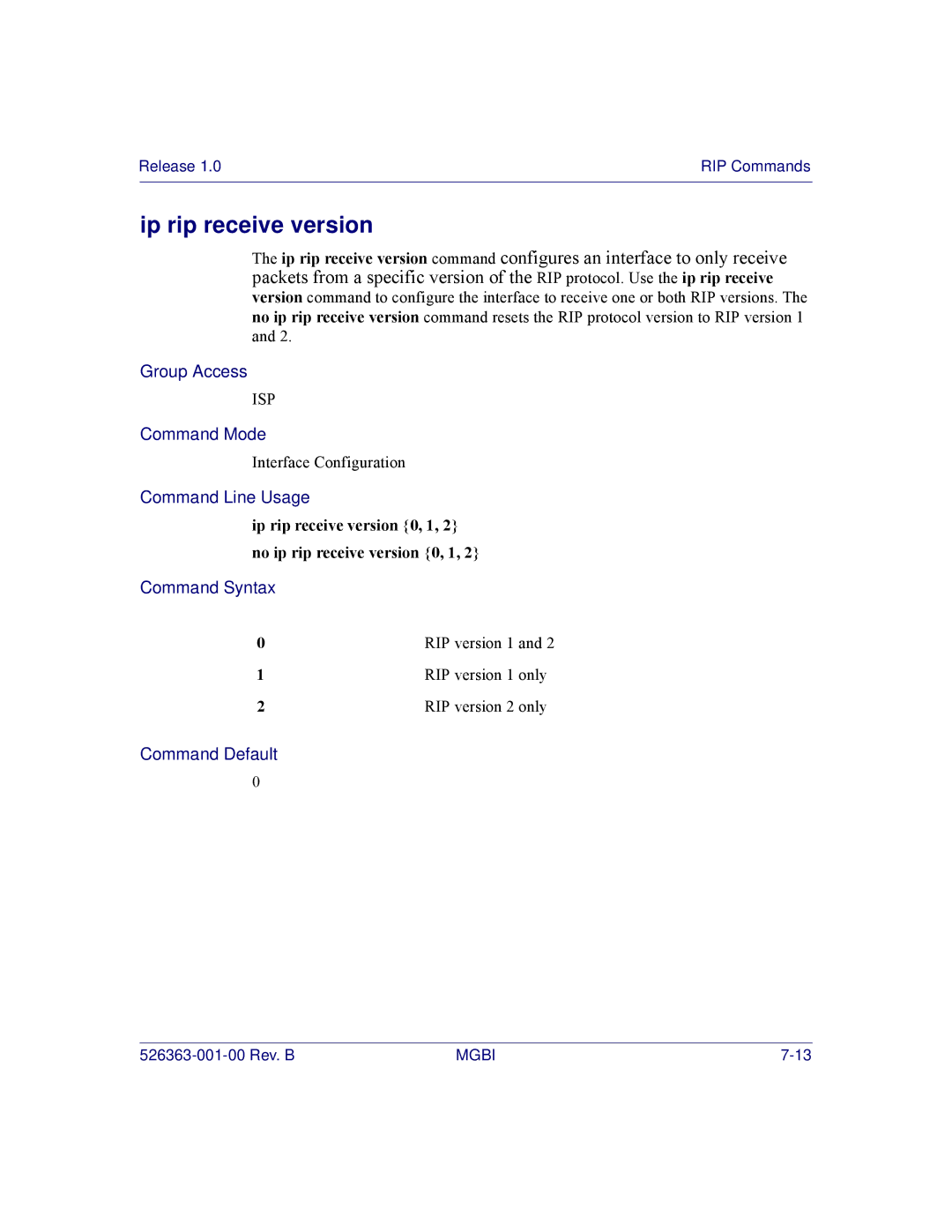 Motorola BSR 2000 manual Ip rip receive version, RIP version 1 only, RIP version 2 only 