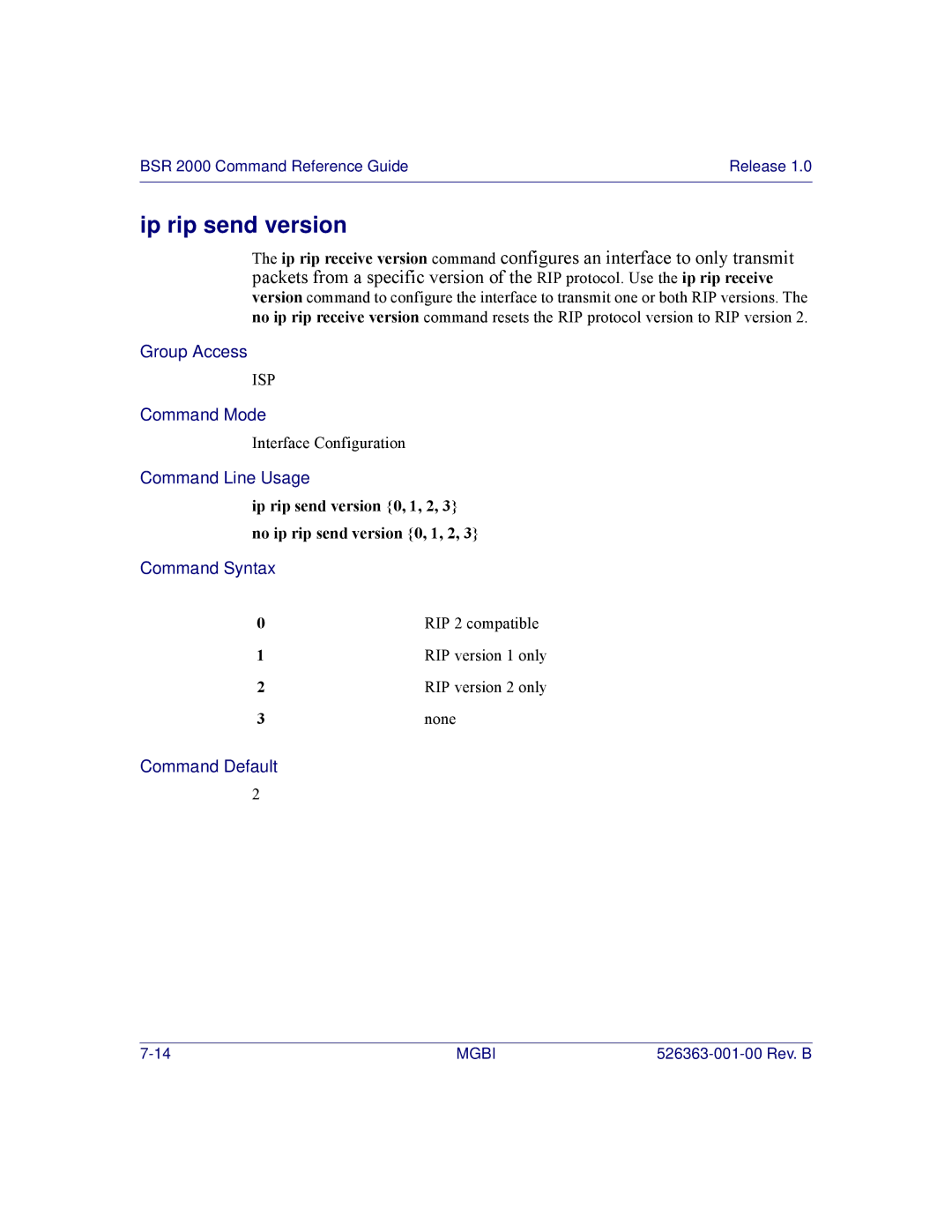 Motorola BSR 2000 manual Ip rip send version, RIP 2 compatible 