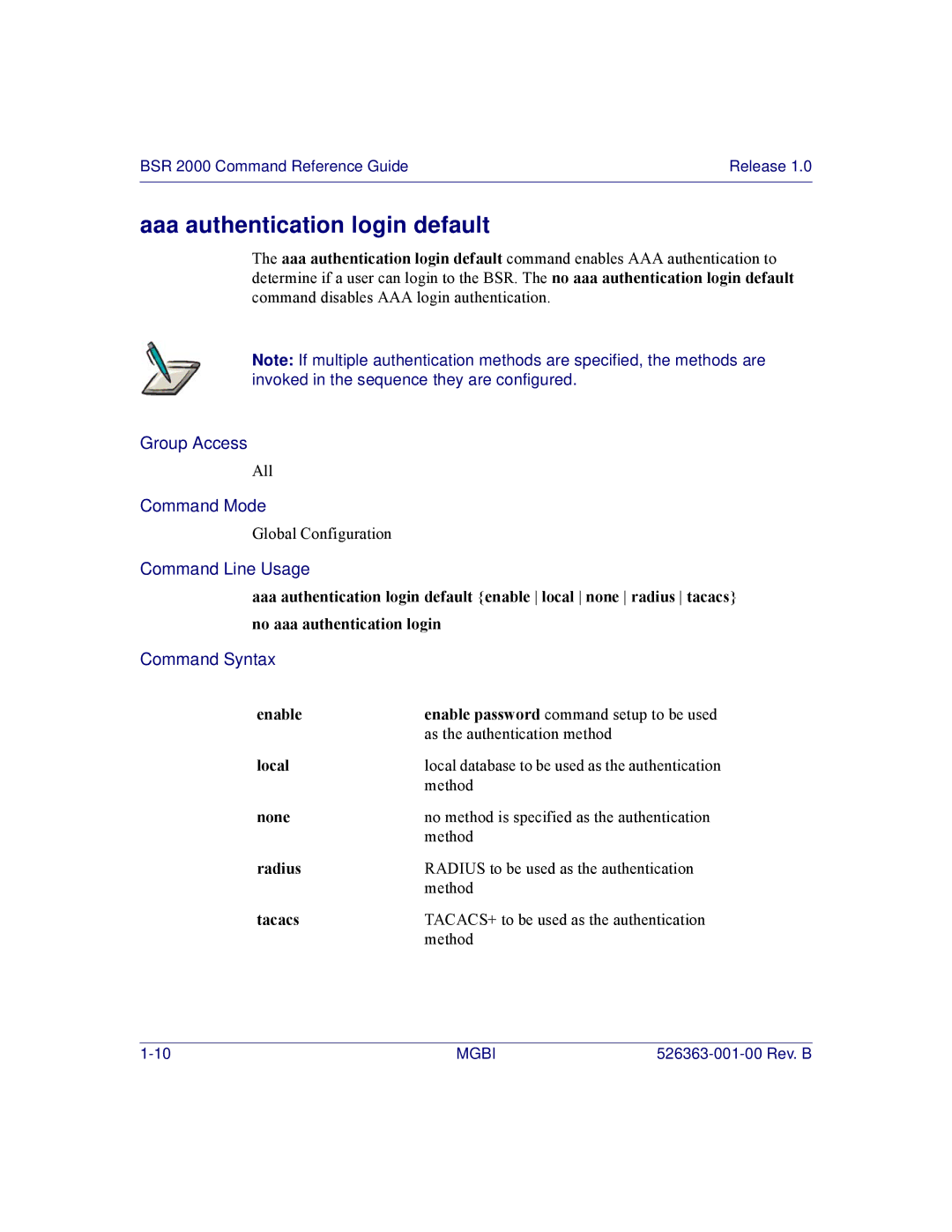 Motorola BSR 2000 manual Aaa authentication login default, Enable 