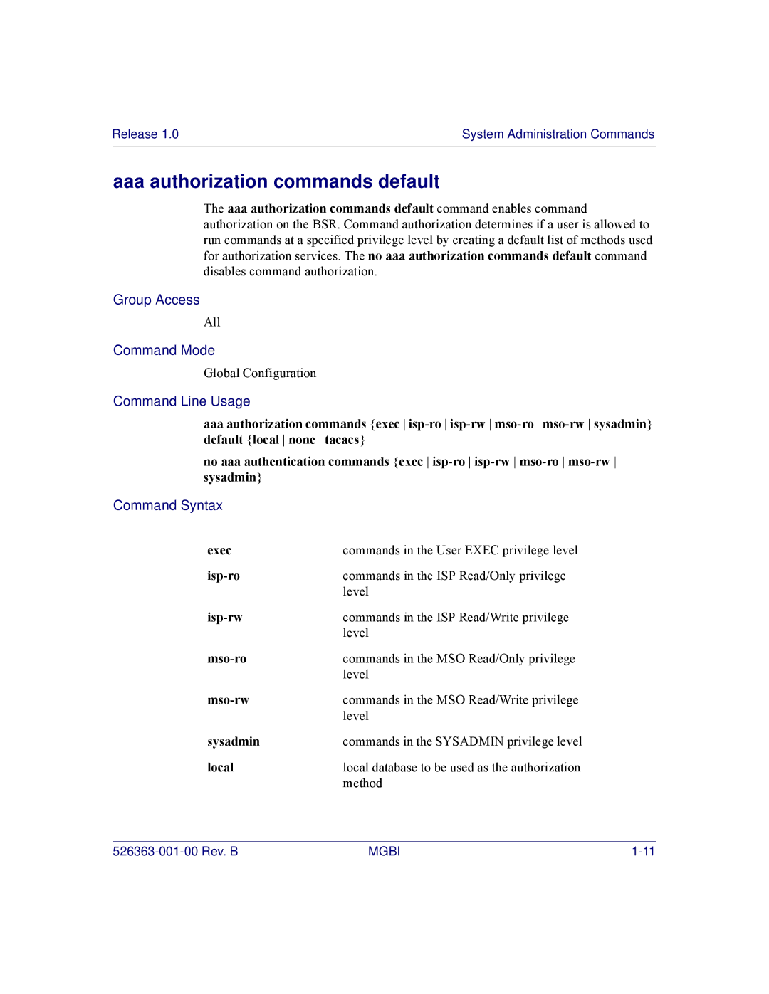 Motorola BSR 2000 manual Aaa authorization commands default, Exec 