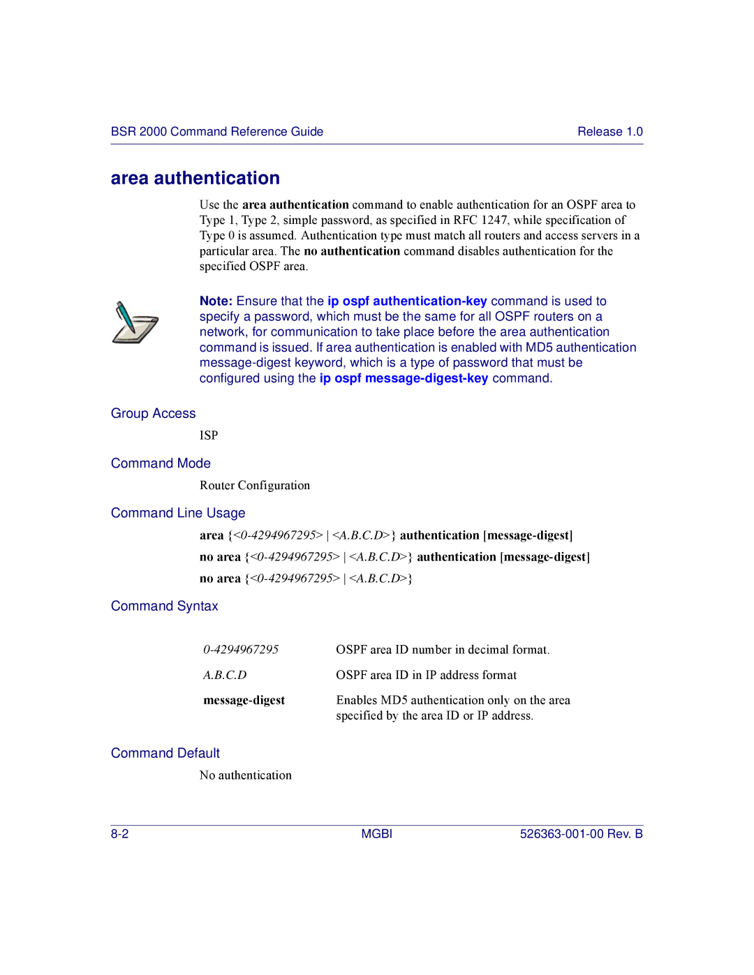 Motorola BSR 2000 manual Area authentication, Message-digest 