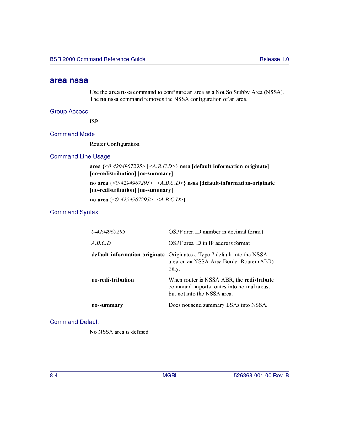 Motorola BSR 2000 manual Area nssa, No-redistribution, No-summary 