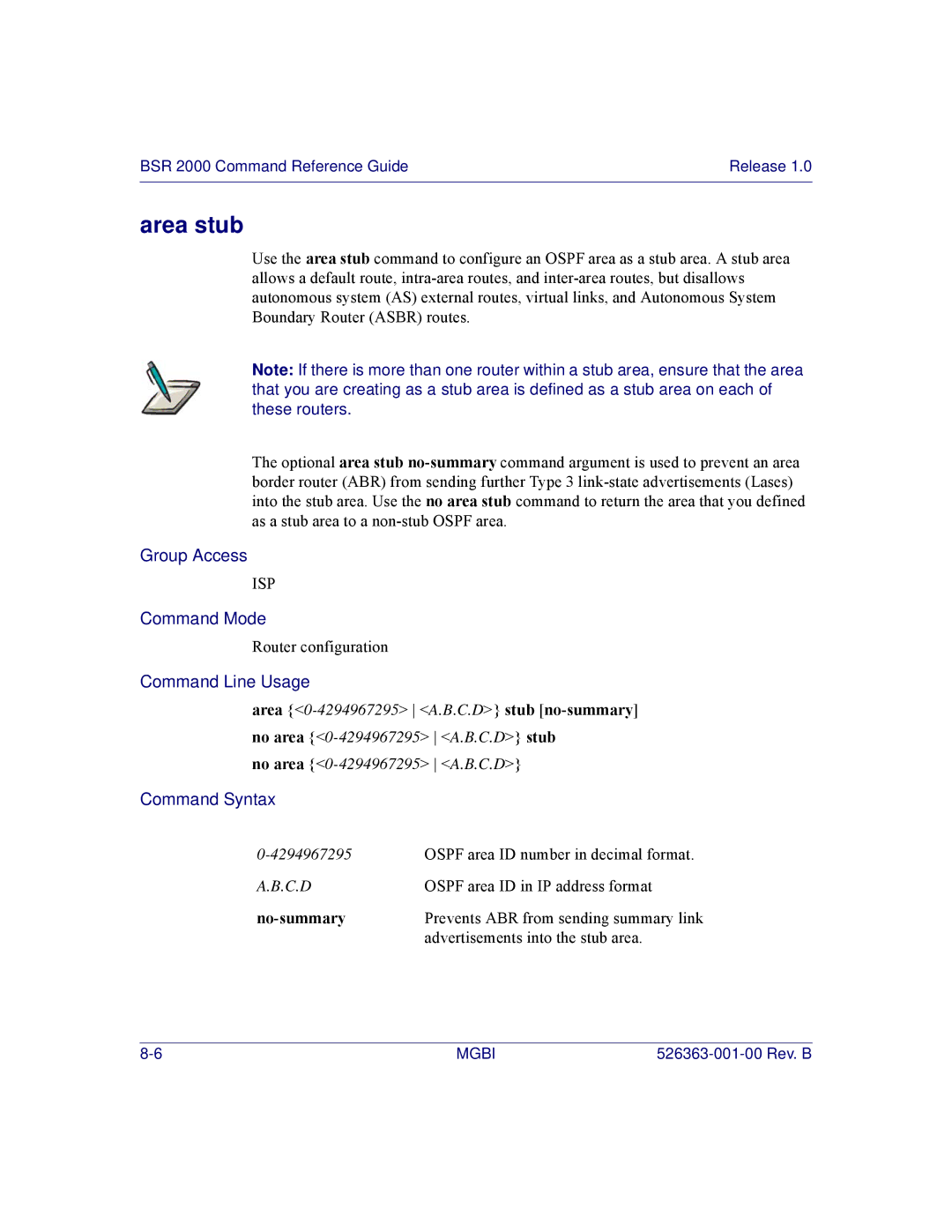 Motorola BSR 2000 manual Area stub, No-summary 