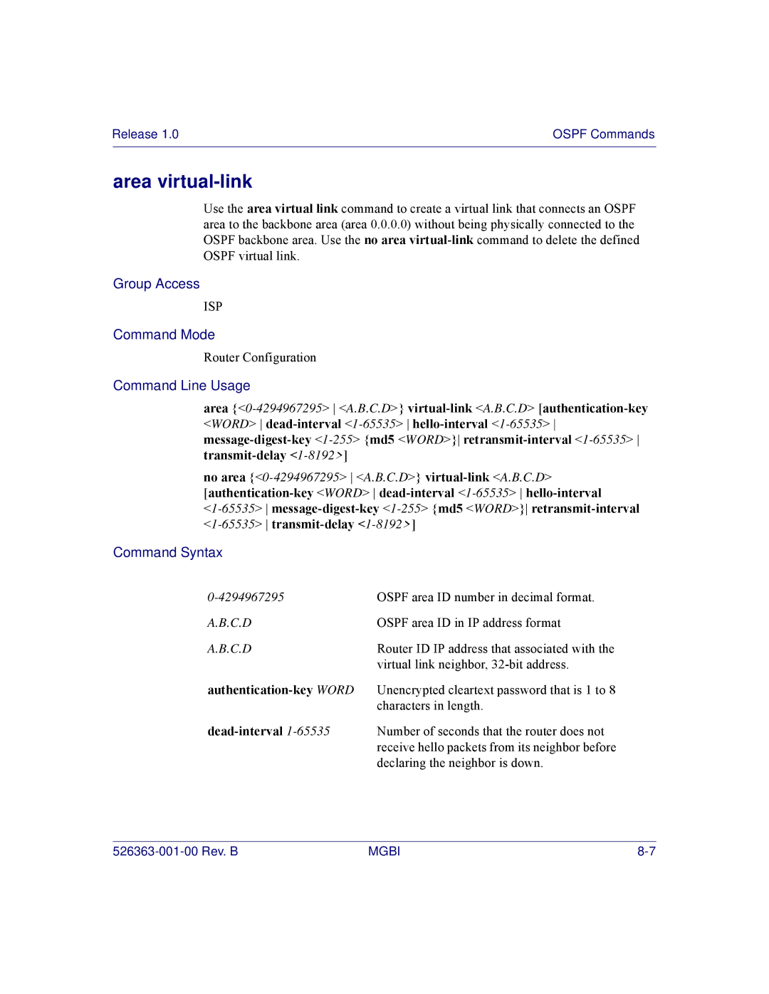 Motorola BSR 2000 manual Area virtual-link, Authentication-key Word, Dead-interval 