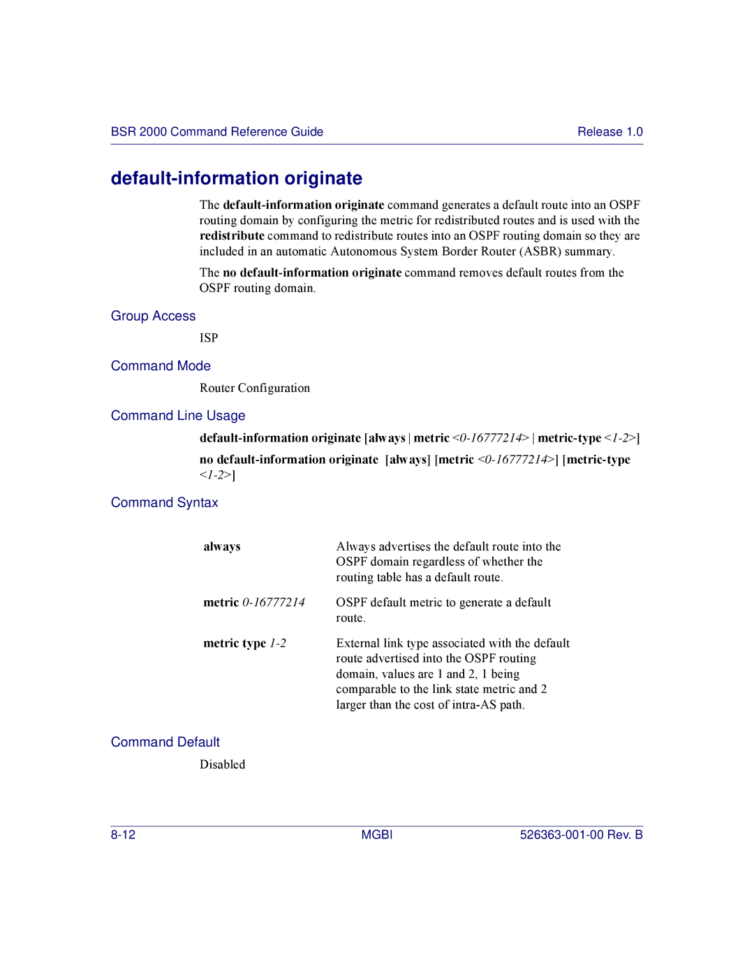 Motorola BSR 2000 manual Default-information originate, Metric type 