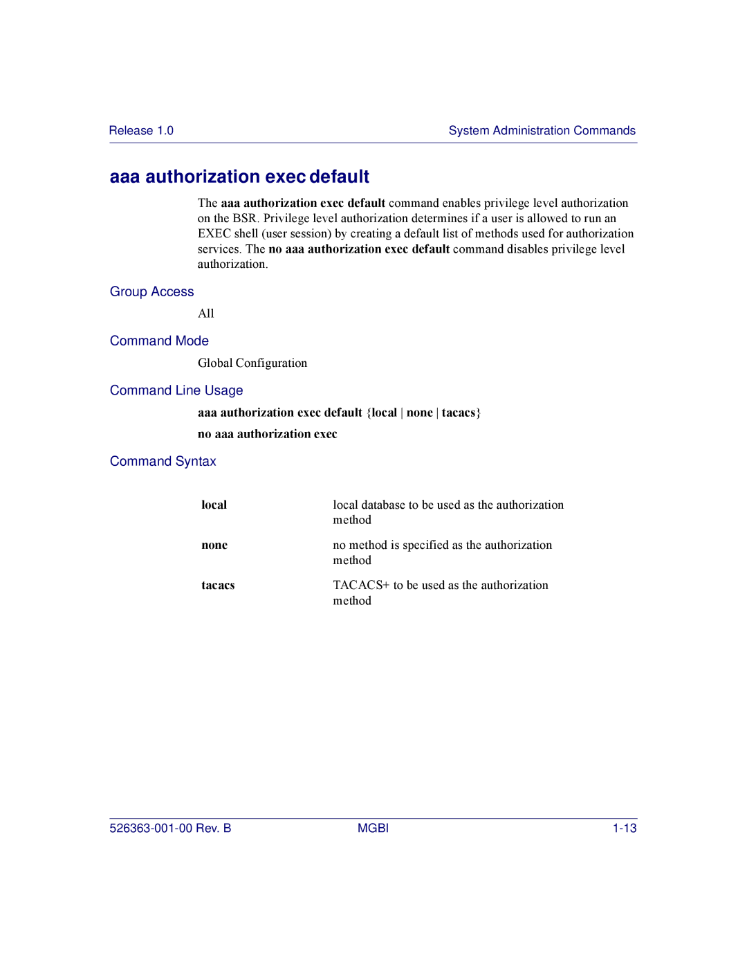 Motorola BSR 2000 manual Aaa authorization exec default 