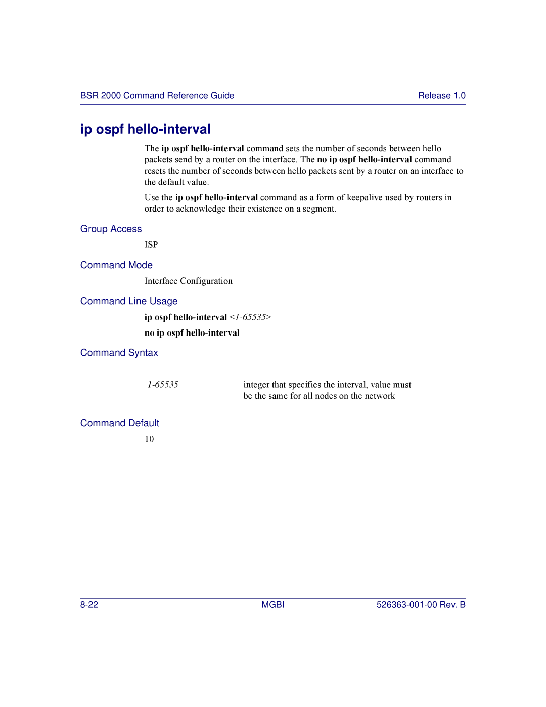 Motorola BSR 2000 manual Ip ospf hello-interval 1-65535no ip ospf hello-interval 