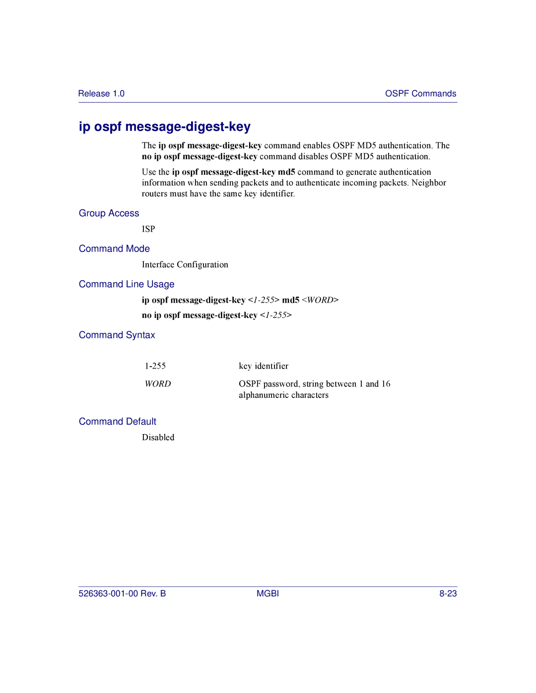 Motorola BSR 2000 manual Ip ospf message-digest-key 