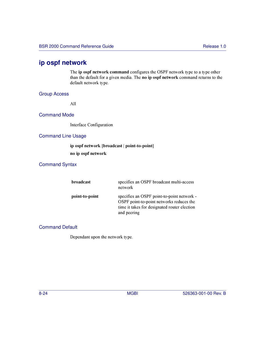 Motorola BSR 2000 manual Ip ospf network broadcast point-to-pointno ip ospf network, Broadcast, Point-to-point 