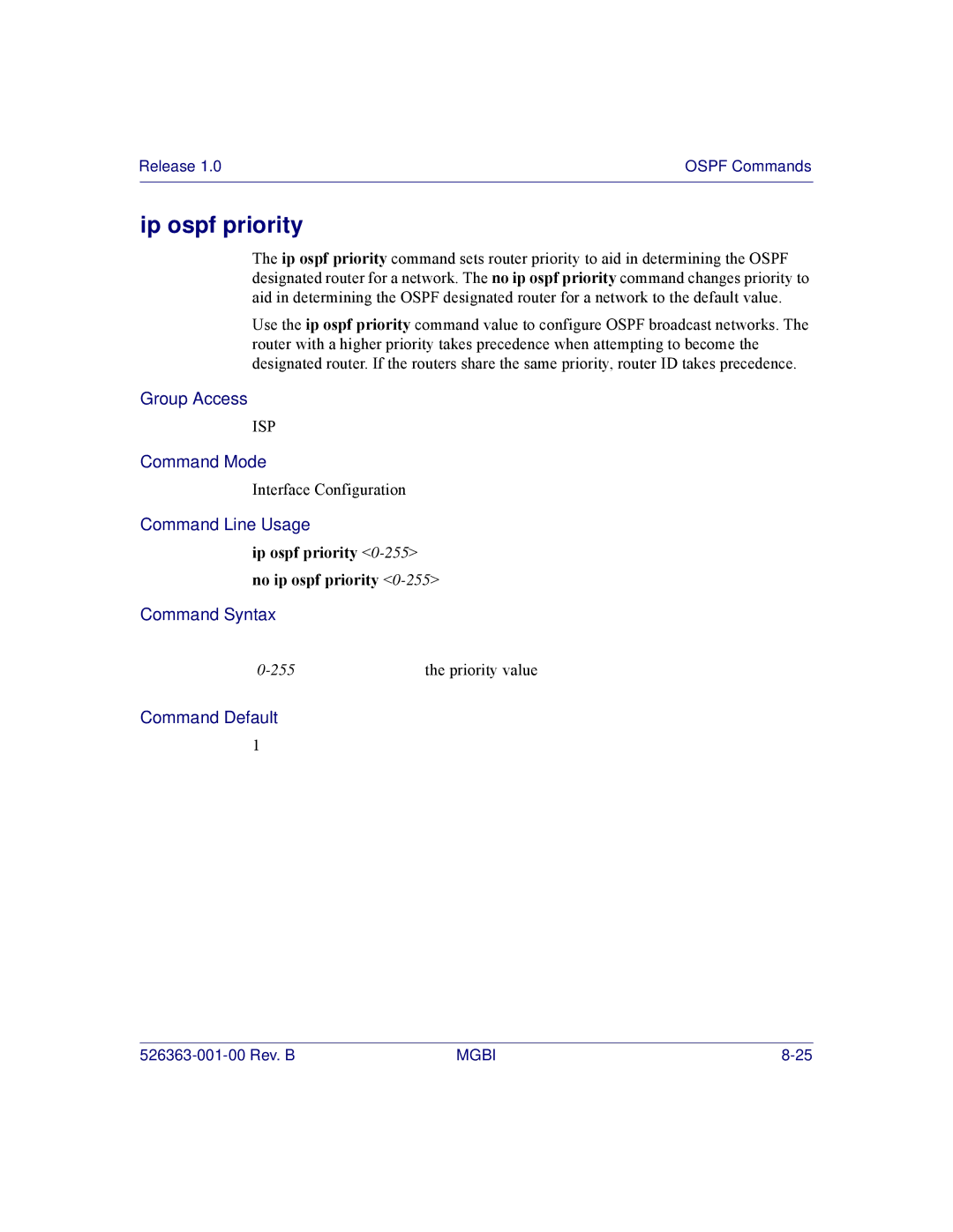 Motorola BSR 2000 manual Ip ospf priority 0-255no ip ospf priority 