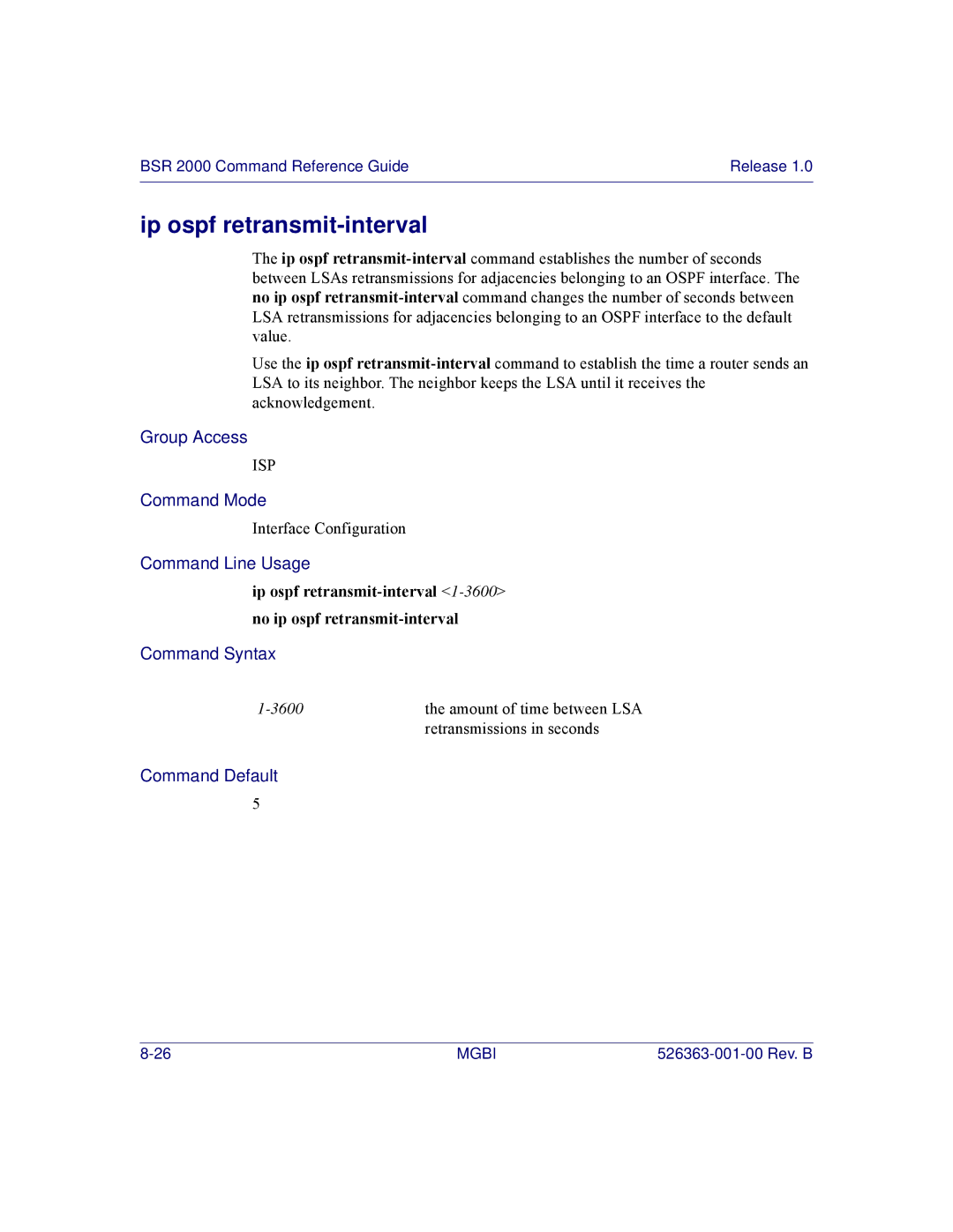 Motorola BSR 2000 manual Ip ospf retransmit-interval 