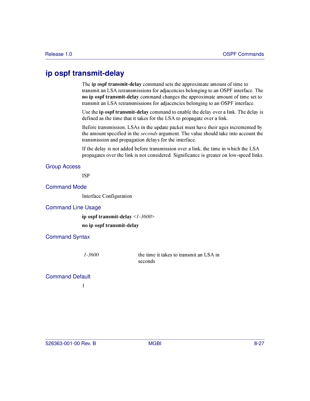 Motorola BSR 2000 manual Ip ospf transmit-delay 1-3600no ip ospf transmit-delay 