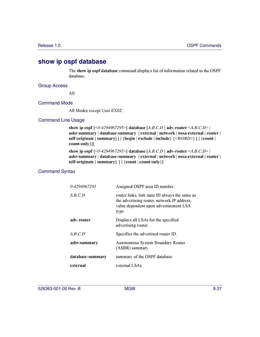 Motorola BSR 2000 manual Show ip ospf database, Adv-router, Asbr-summary, Database-summary 