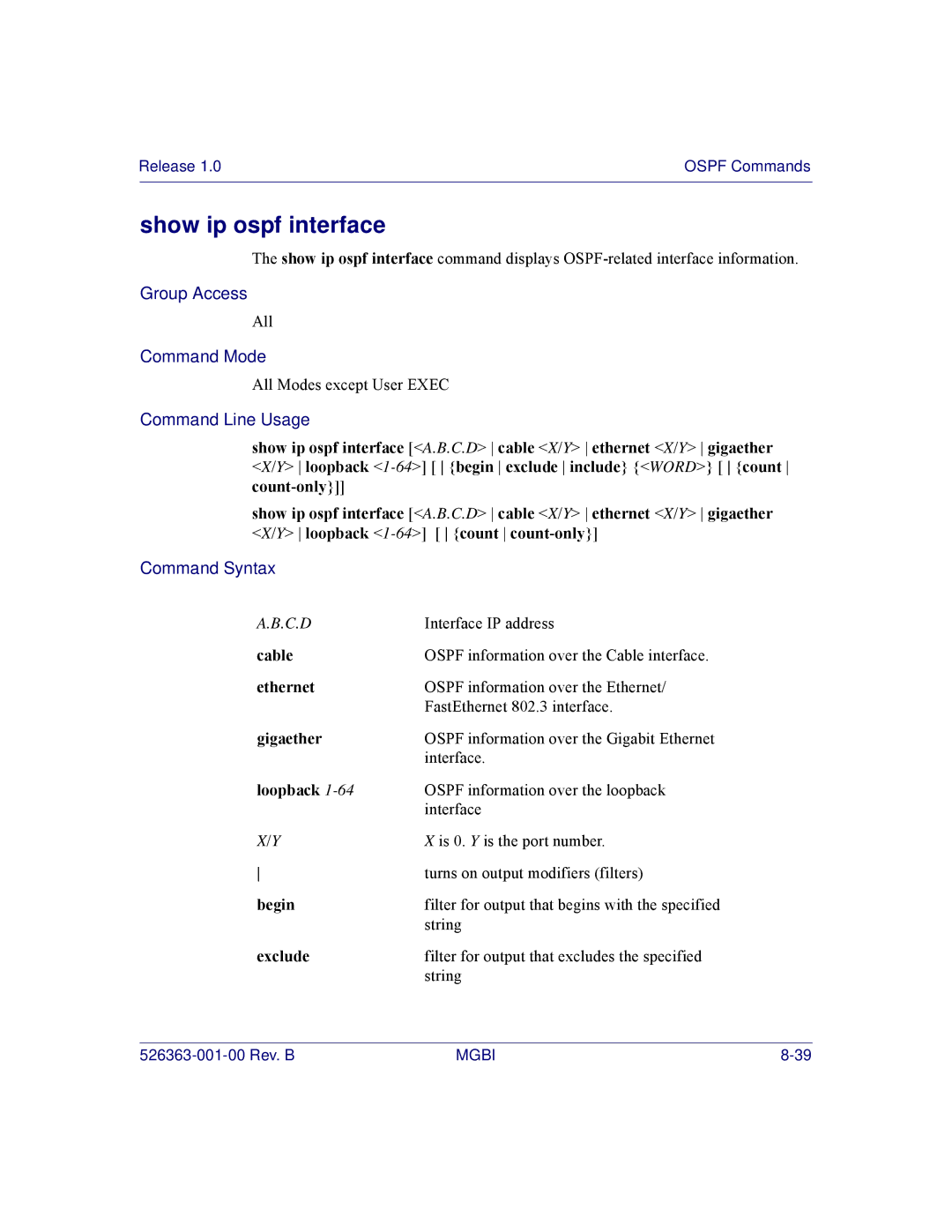 Motorola BSR 2000 manual Show ip ospf interface, Cable, Ethernet, Gigaether 