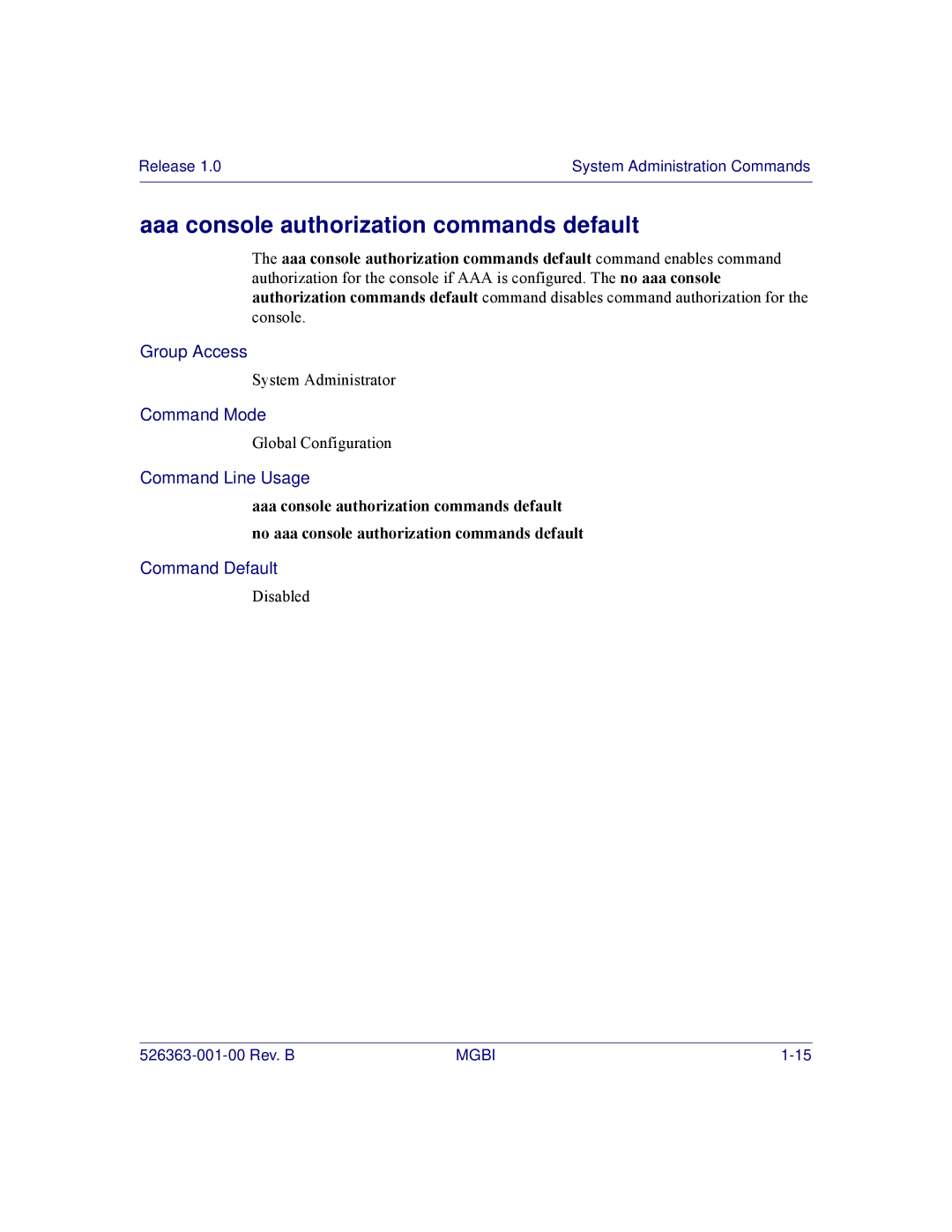 Motorola BSR 2000 manual Aaa console authorization commands default 