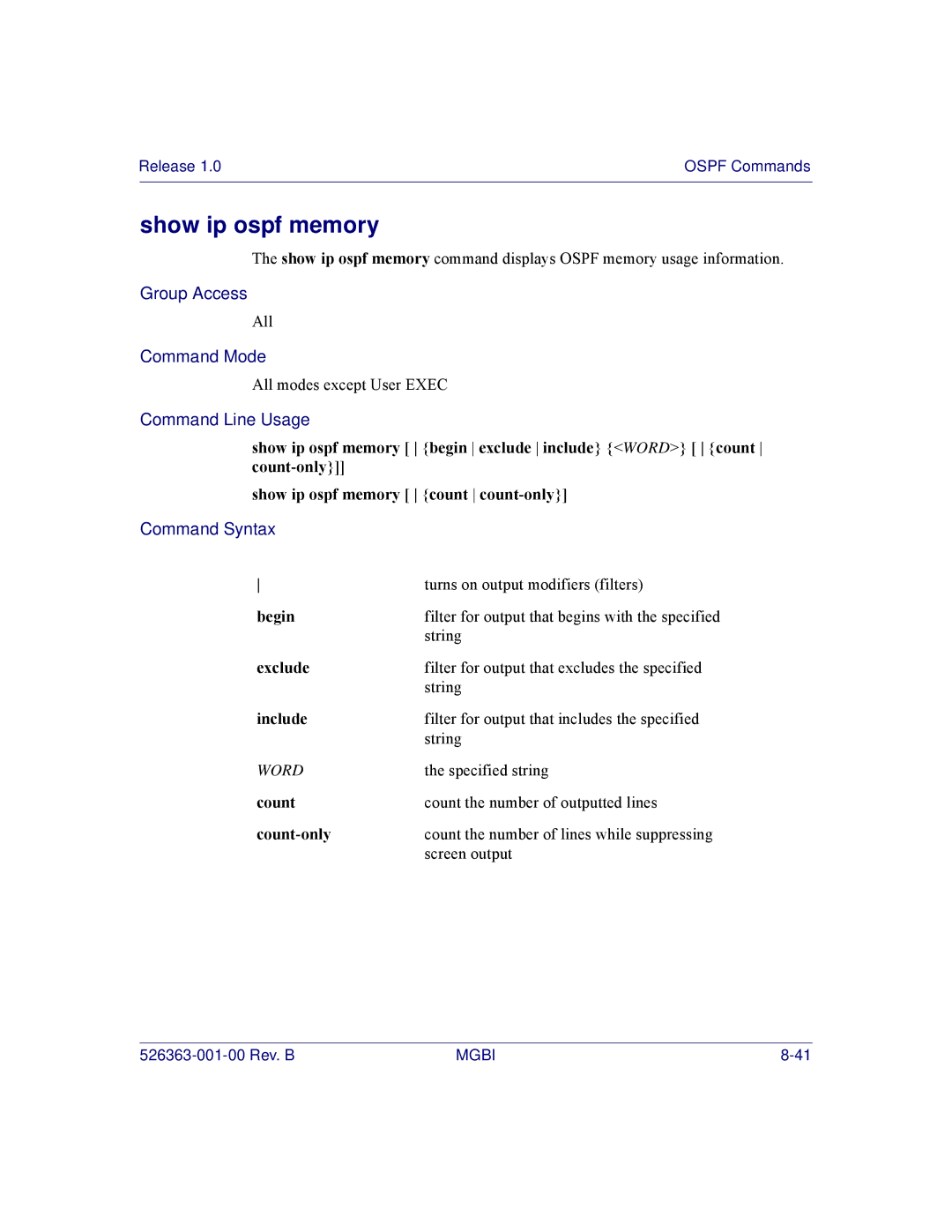 Motorola BSR 2000 manual Show ip ospf memory, Begin 