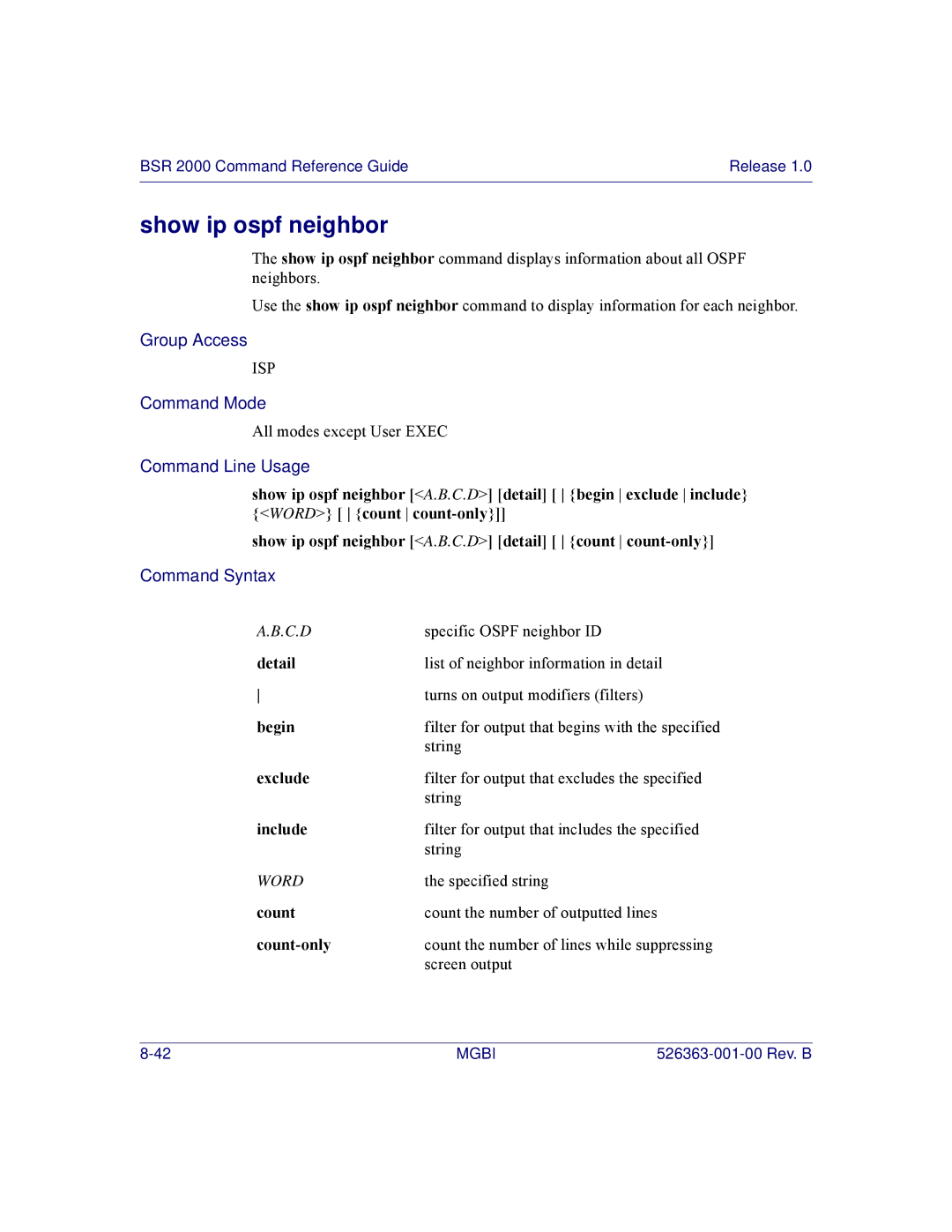 Motorola BSR 2000 manual Show ip ospf neighbor, Detail 