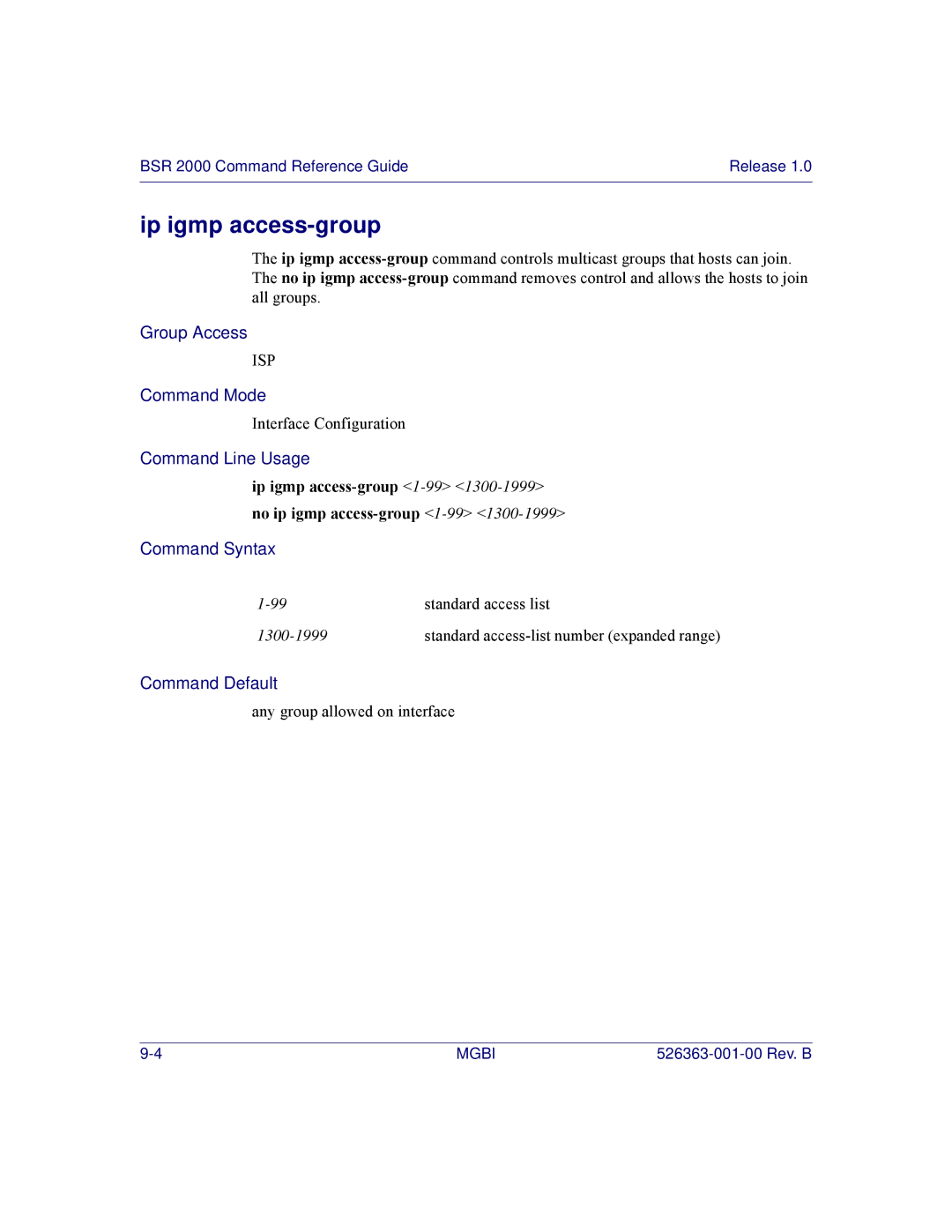 Motorola BSR 2000 manual Ip igmp access-group 1-991300-1999no ip igmp access-group 