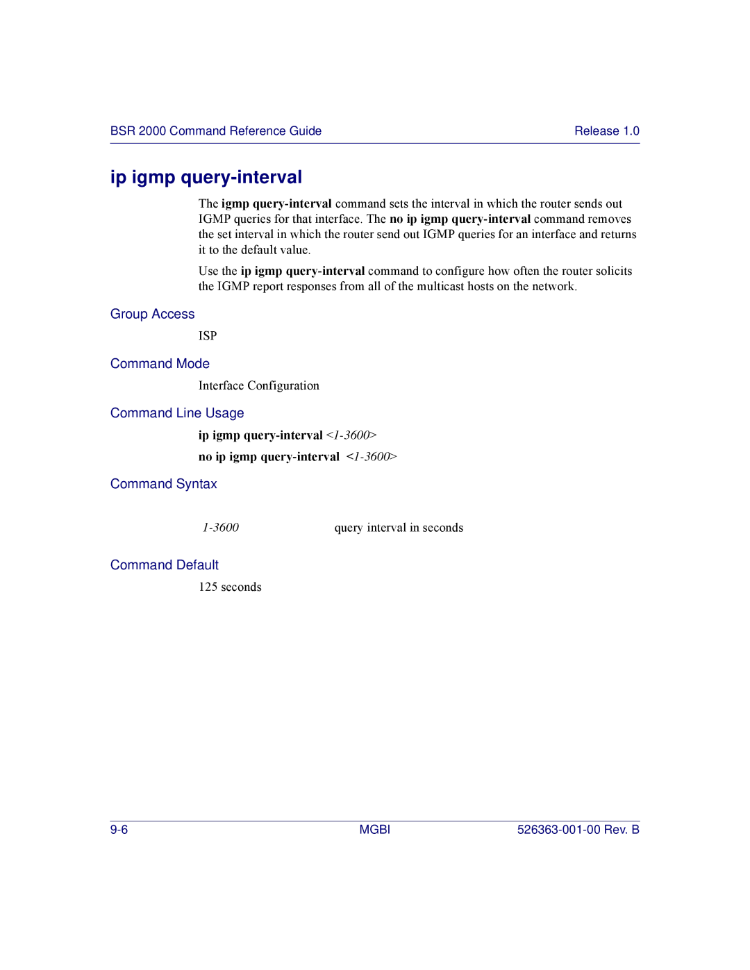 Motorola BSR 2000 manual Ip igmp query-interval 1-3600no ip igmp query-interval 