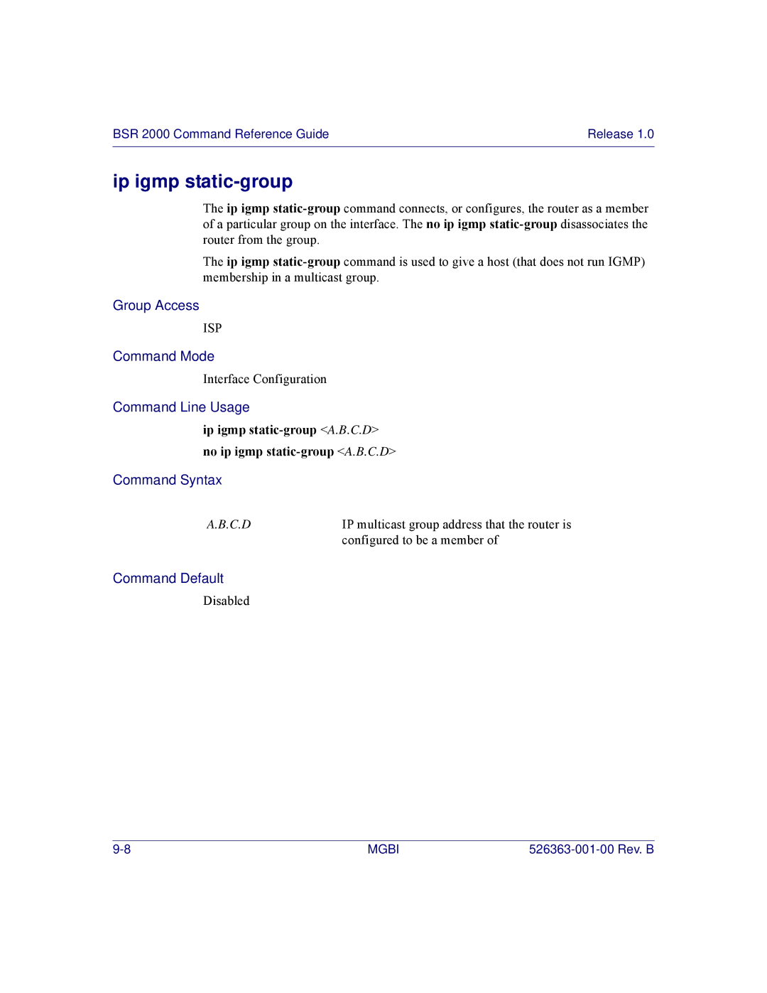 Motorola BSR 2000 manual Ip igmp static-group 