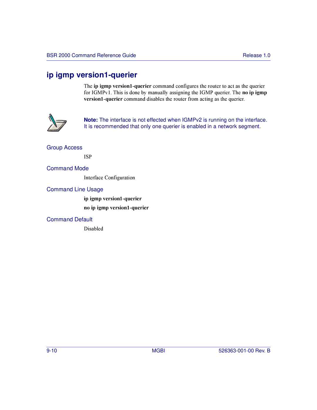 Motorola BSR 2000 manual Ip igmp version1-querier no ip igmp version1-querier 