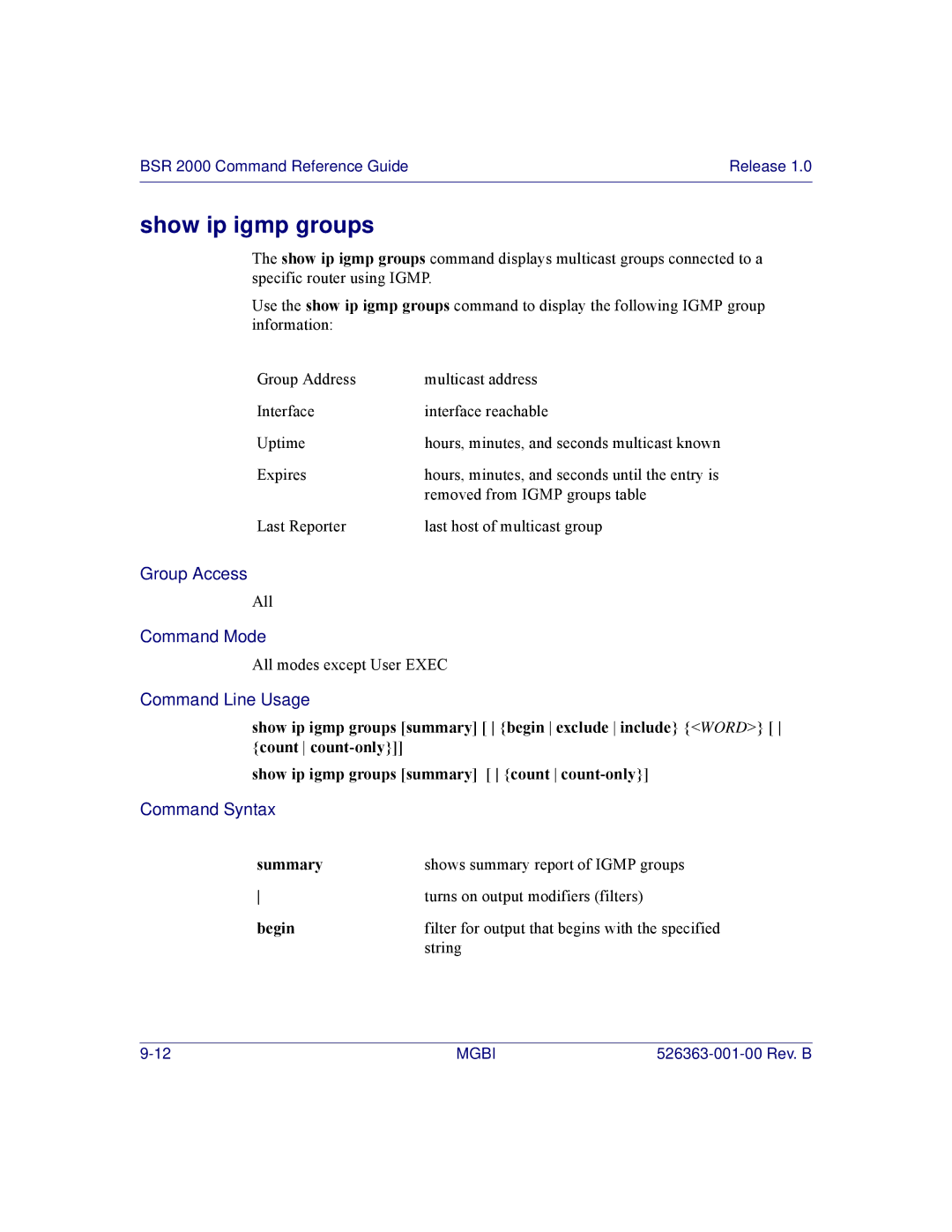 Motorola BSR 2000 manual Show ip igmp groups, String 