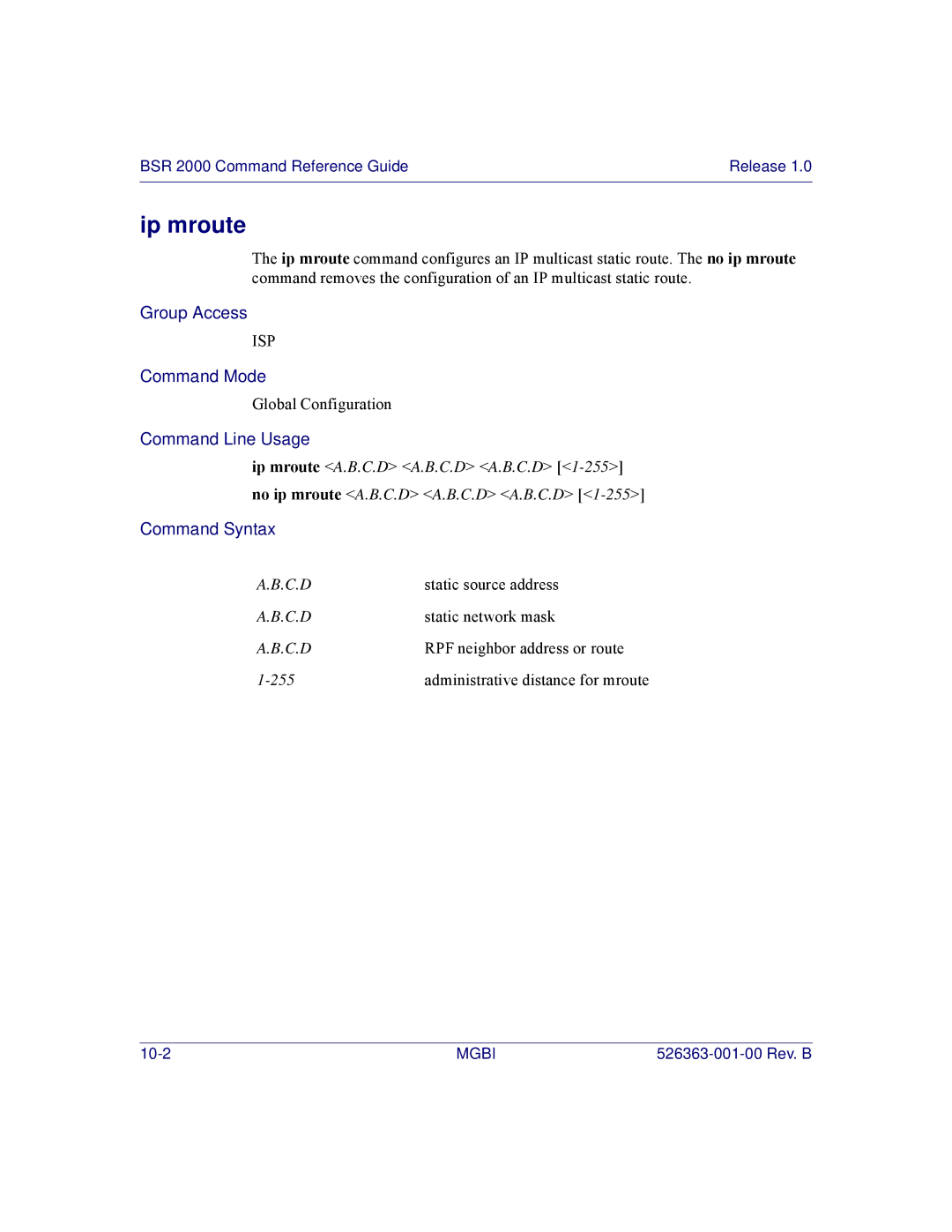 Motorola BSR 2000 manual Ip mroute 