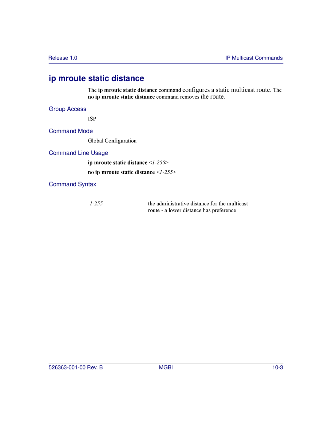 Motorola BSR 2000 manual Ip mroute static distance 1-255no ip mroute static distance 