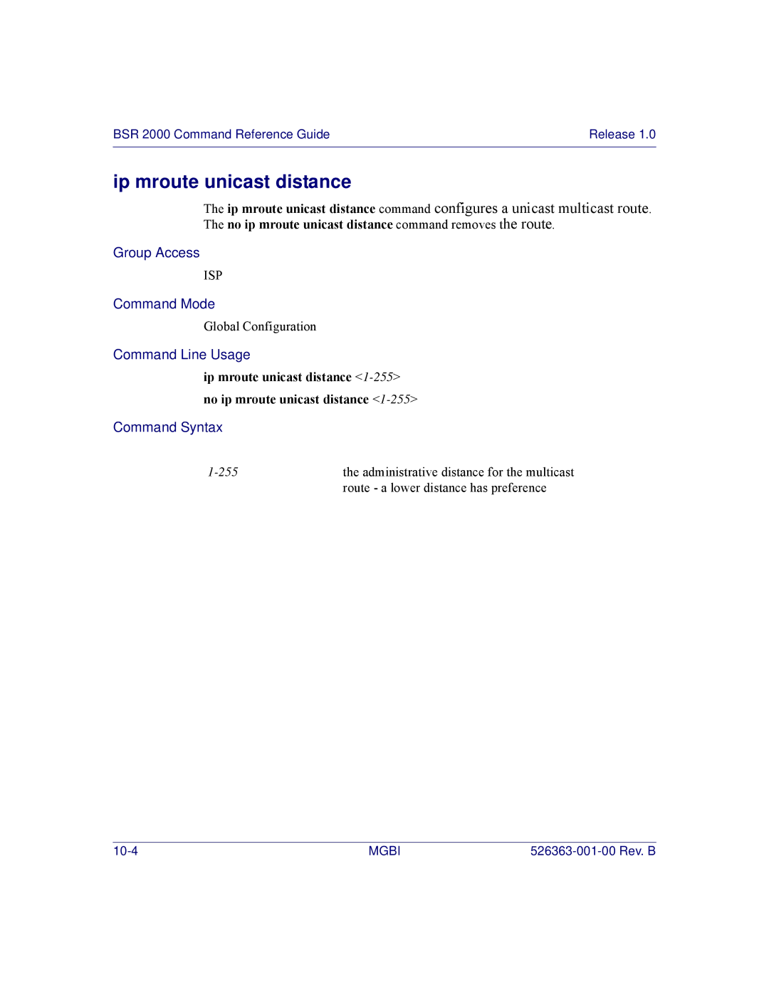 Motorola BSR 2000 manual Ip mroute unicast distance 