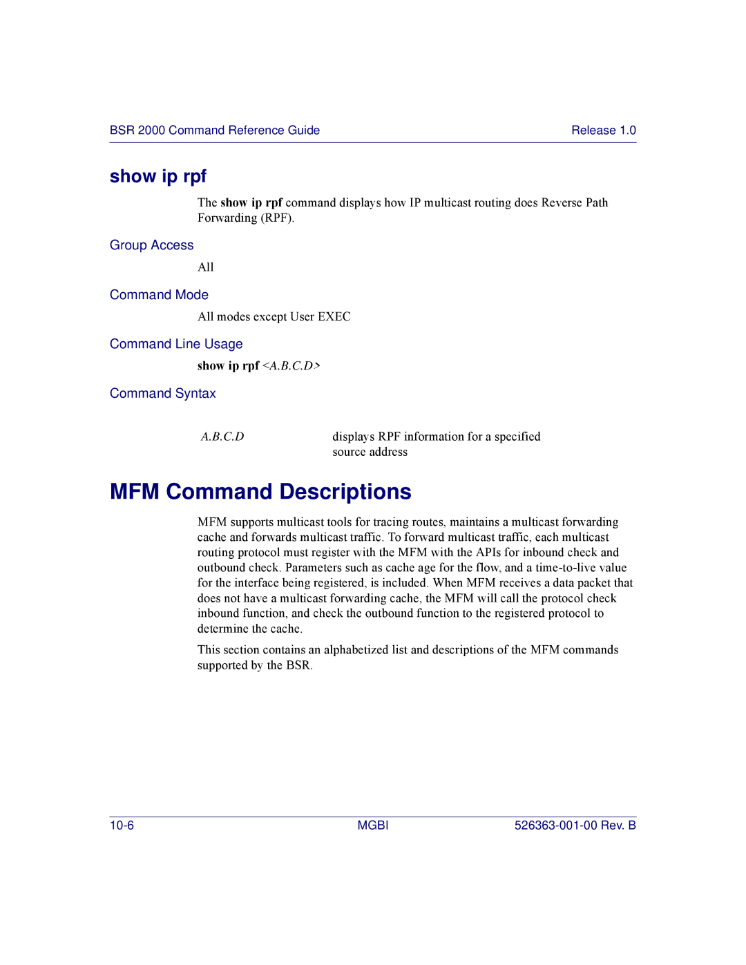 Motorola BSR 2000 manual Show ip rpf A.B.C.D 