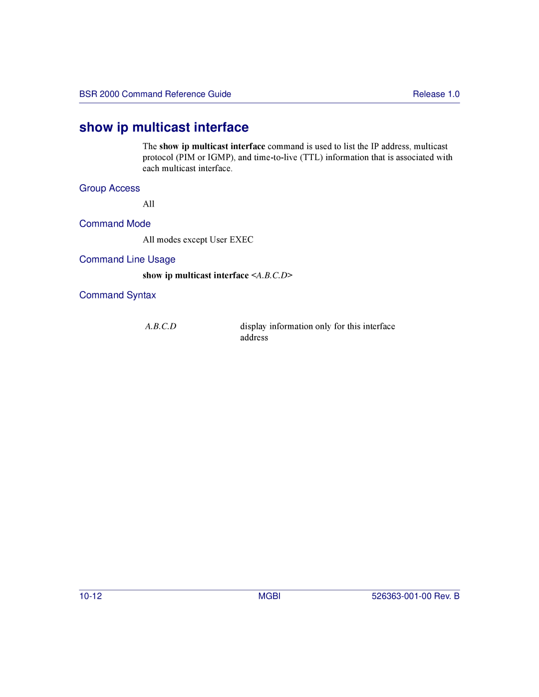 Motorola BSR 2000 manual Show ip multicast interface A.B.C.D 