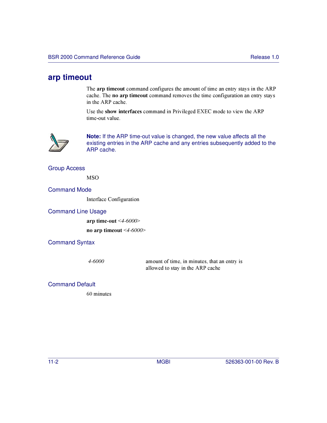 Motorola BSR 2000 manual Arp timeout, Arp time-out 4-6000no arp timeout 