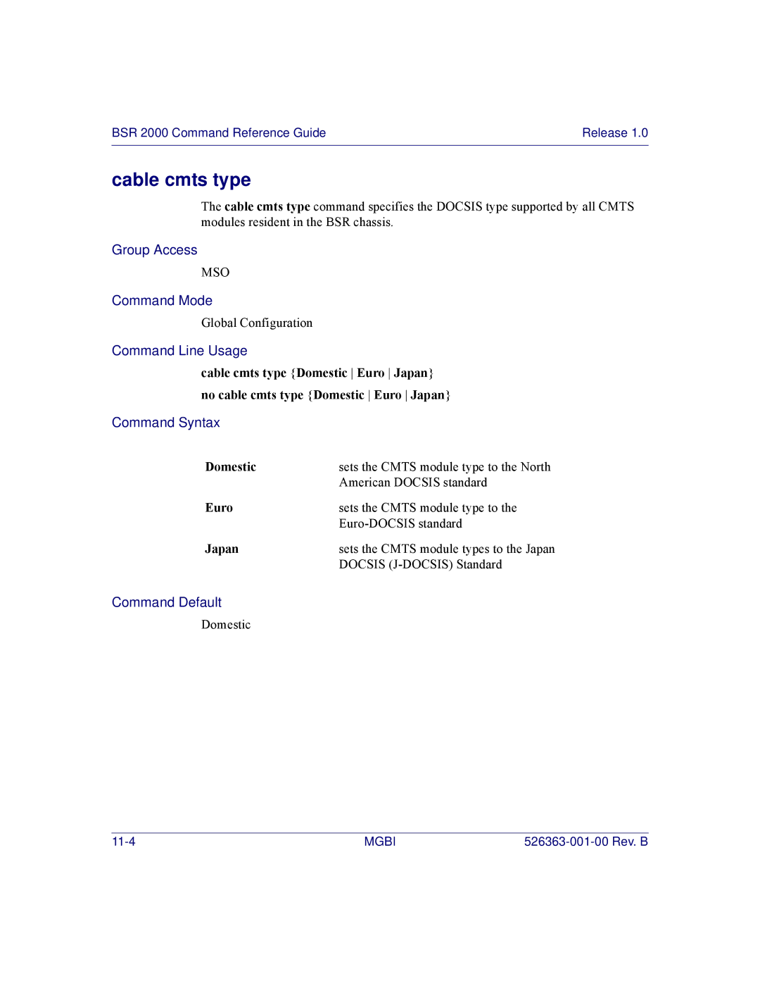 Motorola BSR 2000 manual Cable cmts type, Domestic, Euro, Japan 