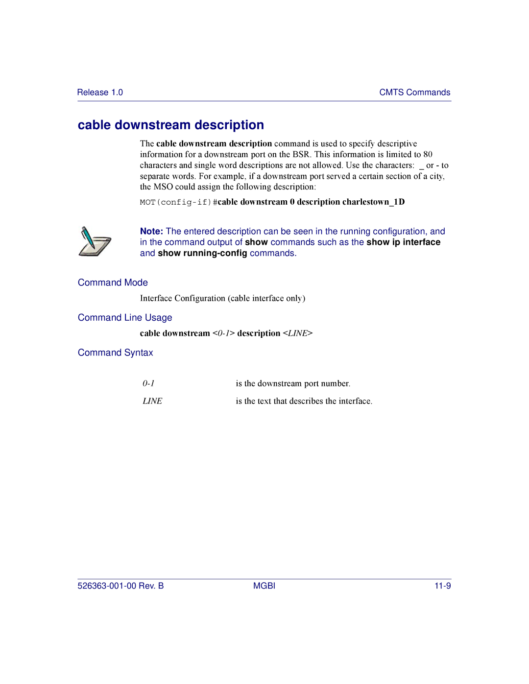 Motorola BSR 2000 manual Cable downstream description, MOTconfig-if#cable downstream 0 description charlestown1D 