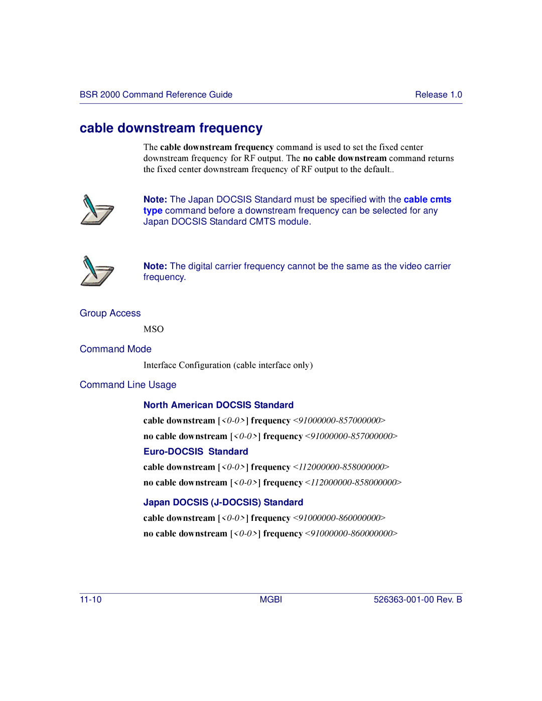 Motorola BSR 2000 manual Cable downstream frequency, Japan Docsis J-DOCSIS Standard 