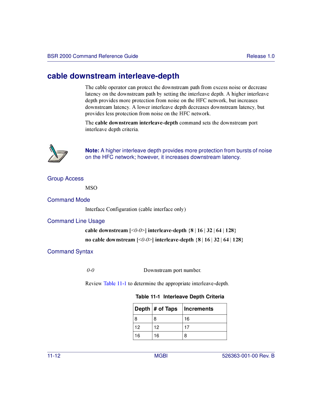 Motorola BSR 2000 manual Cable downstream interleave-depth 