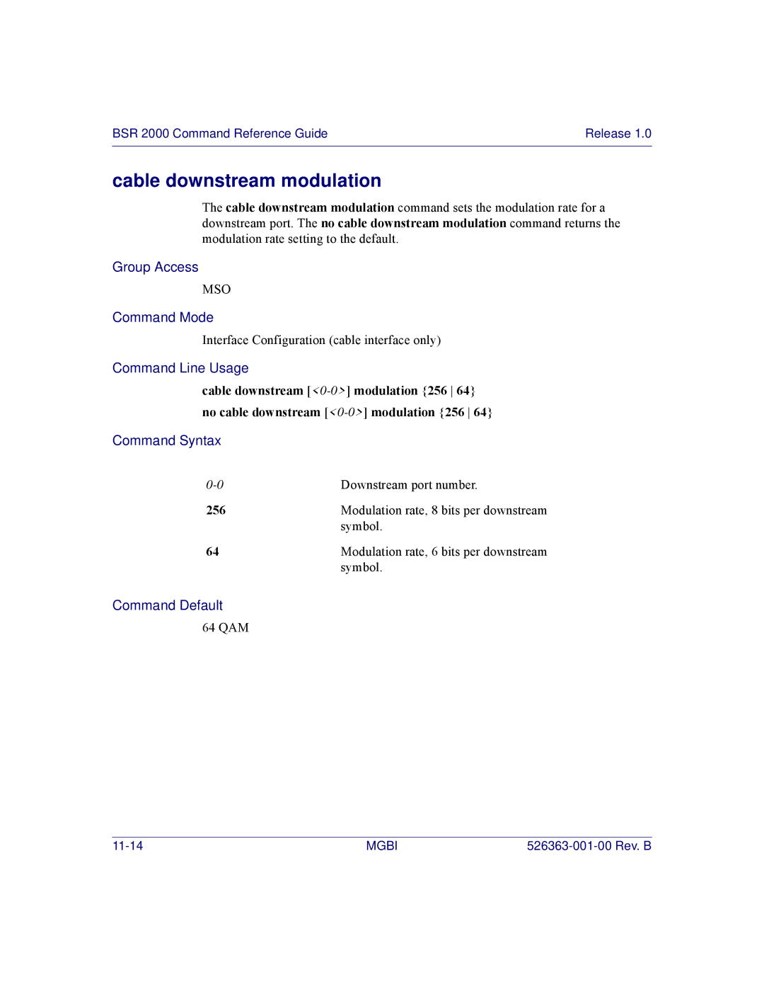 Motorola BSR 2000 manual Cable downstream modulation, 256 