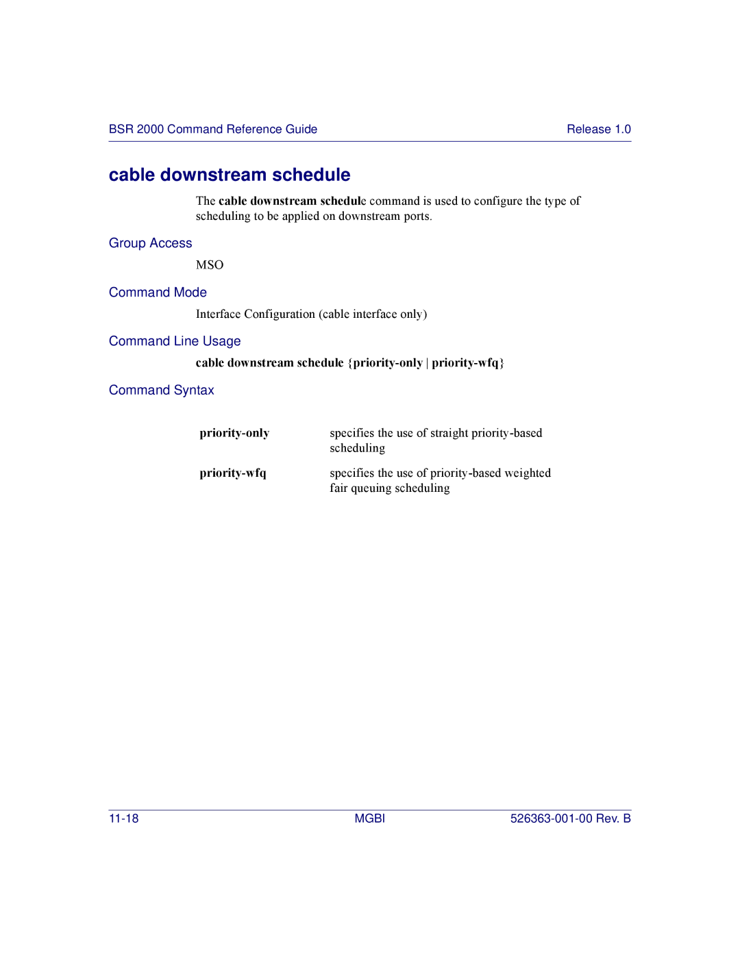 Motorola BSR 2000 manual Cable downstream schedule priority-only priority-wfq, Priority-only, Priority-wfq 