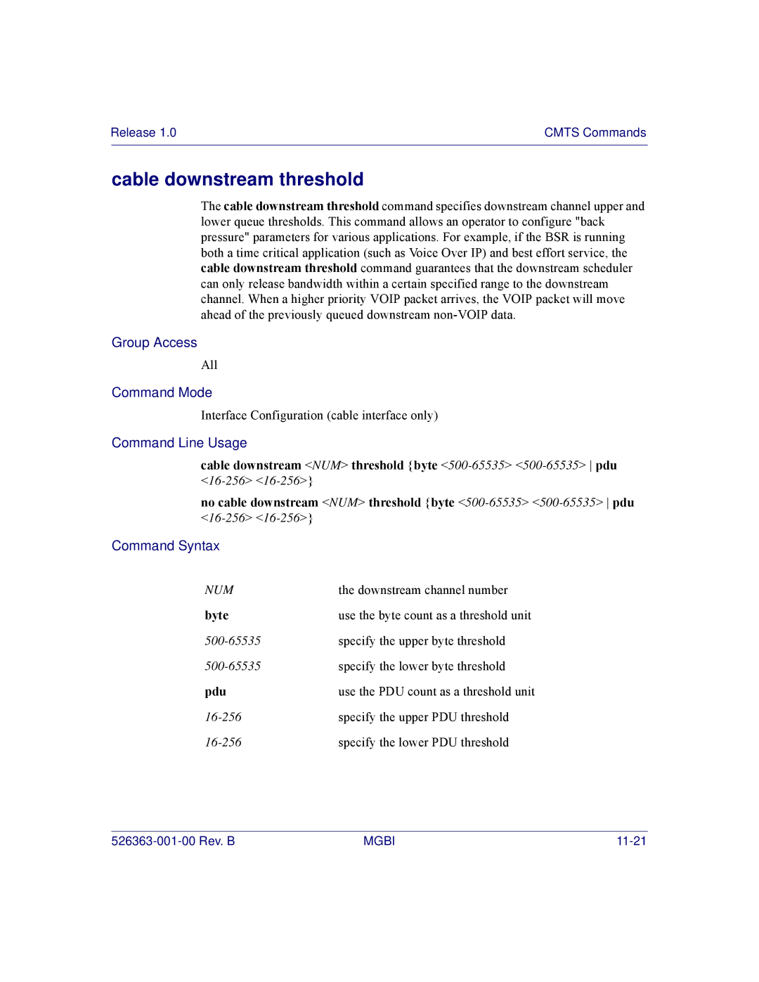 Motorola BSR 2000 manual Cable downstream threshold, Pdu 