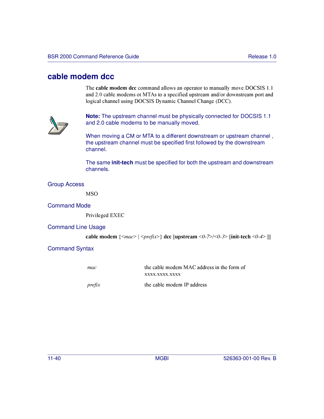 Motorola BSR 2000 manual Cable modem dcc, Cable modem mac prefix dcc upstream 0-7/0-3init-tech 