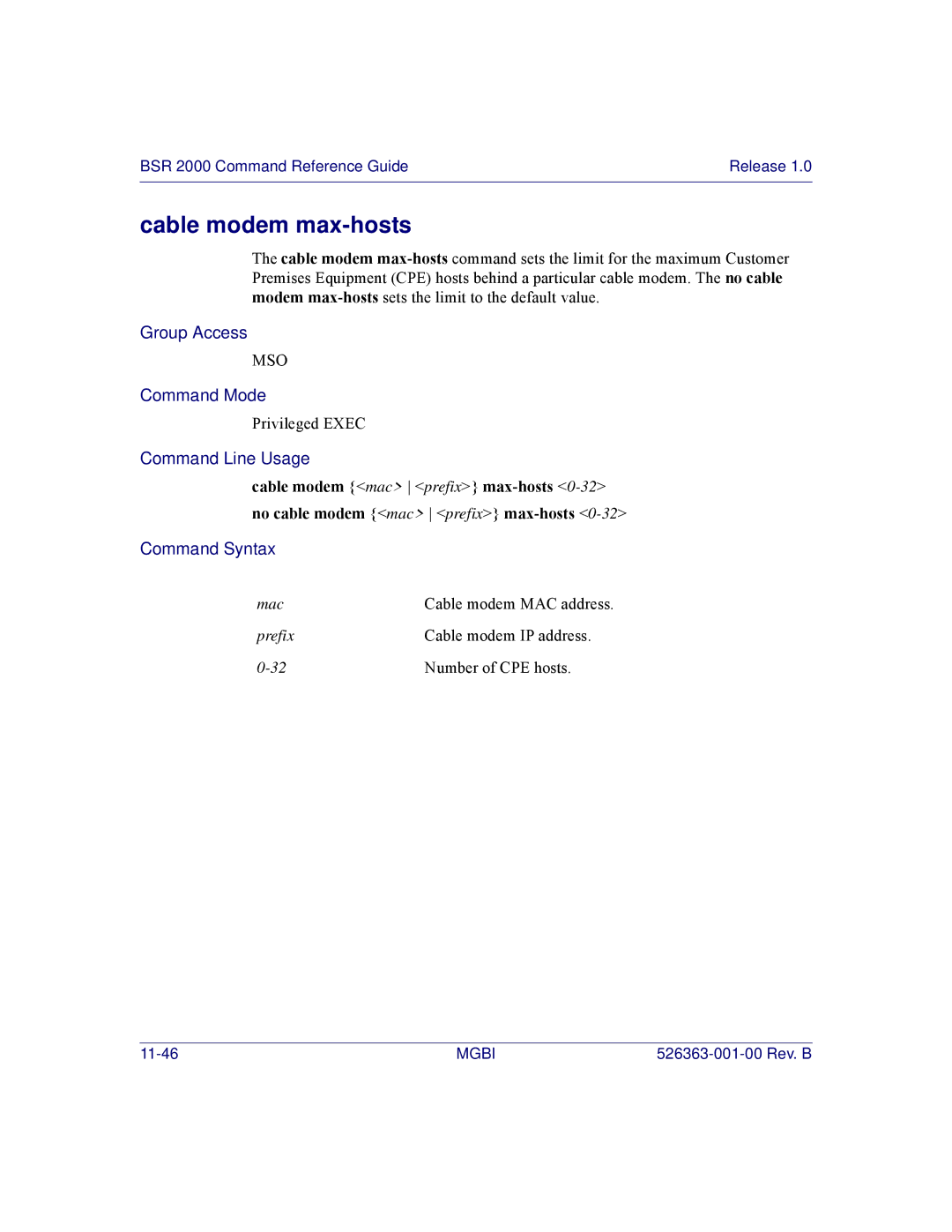 Motorola BSR 2000 manual Cable modem max-hosts 